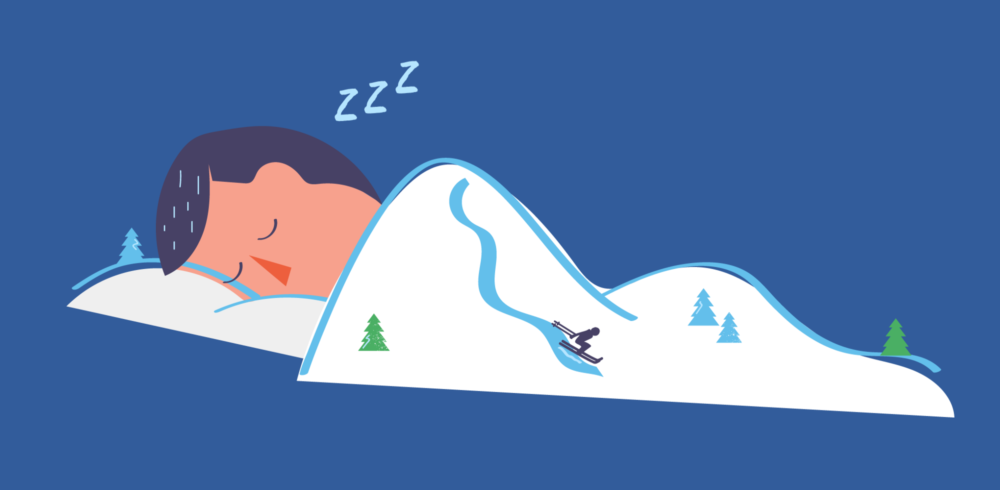 Illustration of a person sleeping and their blanket and pillow are a mountain with a skier going down